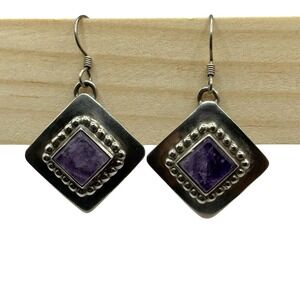 Carol Felley Sterling Silver Natural Amethyst Earrings Dangle Drop Vintage 925